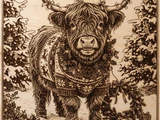 [Laser cut and engrave] Square wooden coaster with intricate highland cow illustration