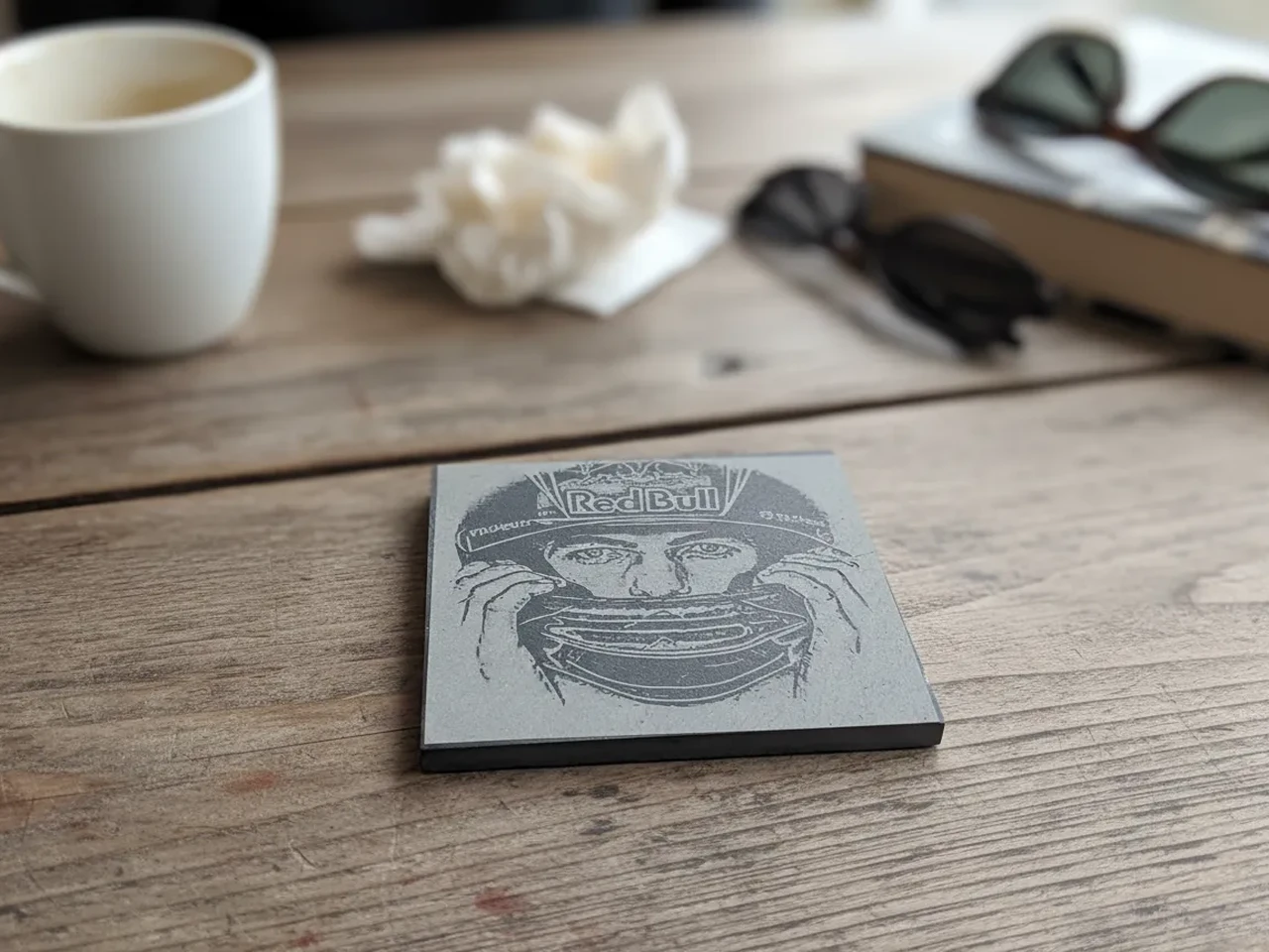 [Laser cut and engrave,Other] Laser Engraved Racing Helmet Portrait Stone Coaster